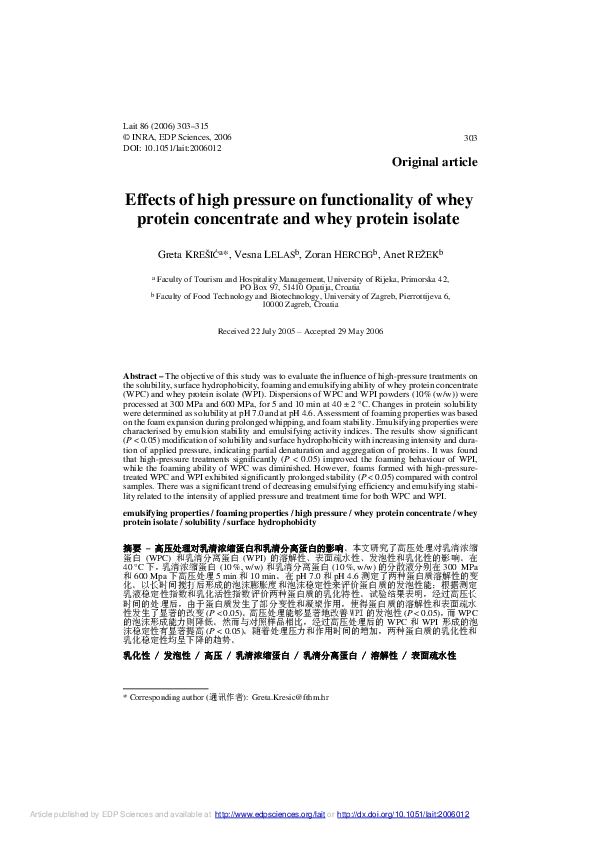 (PDF) Effects of high pressure on functionality of whey protein ...