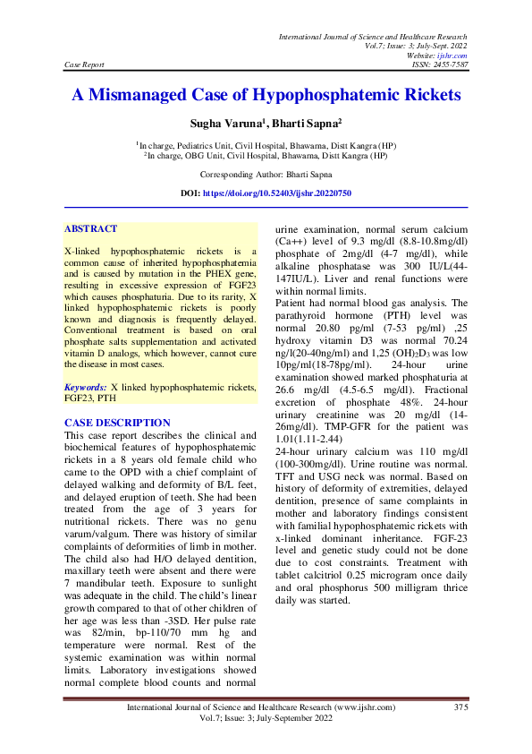 (PDF) A Mismanaged Case of Hypophosphatemic Rickets