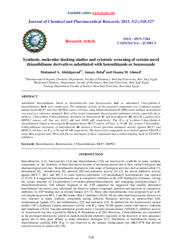 (PDF) Synthesis, molecular docking studies and cytotoxic screening of ...