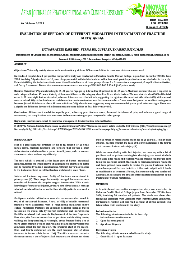 (PDF) EVALUATION OF EFFICACY OF DIFFERENT MODALITIES IN TREATMENT OF ...