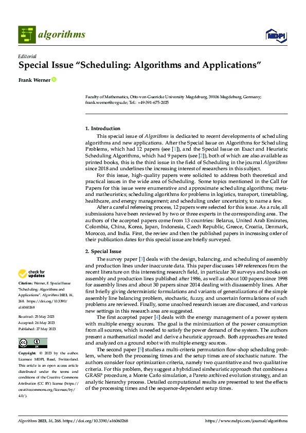 (PDF) Special Issue "Scheduling: Algorithms and Applications"