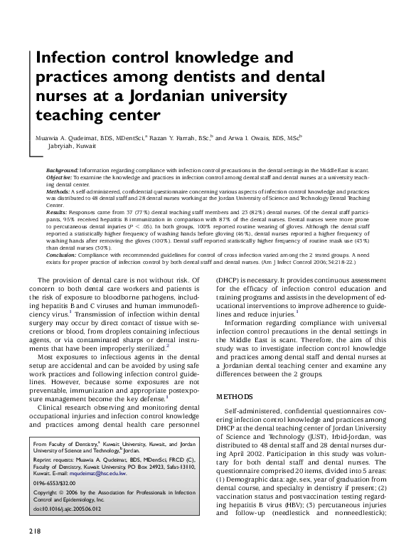 (PDF) Infection control knowledge and practices among dentists and ...
