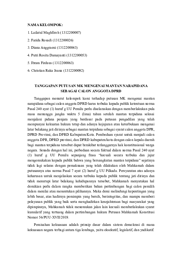 TANGGAPAN PUTUSAN MK MENGENAI MANTAN NARAPIDANA SEBAGAI CALON ANGGOTA DPRD
