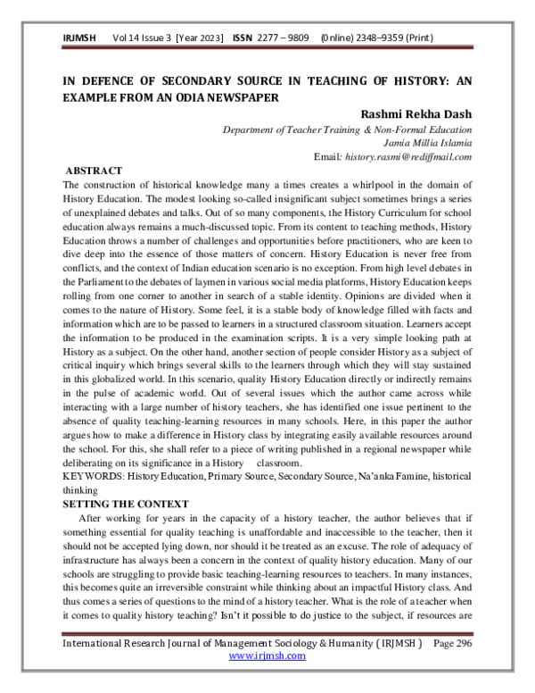 (PDF) IN DEFENCE OF SECONDARY SOURCE IN TEACHING OF HISTORY AN EXAMPLE