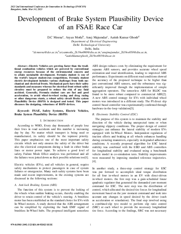 (PDF) Development of Brake System Plausibility Device of an FSAE Race
