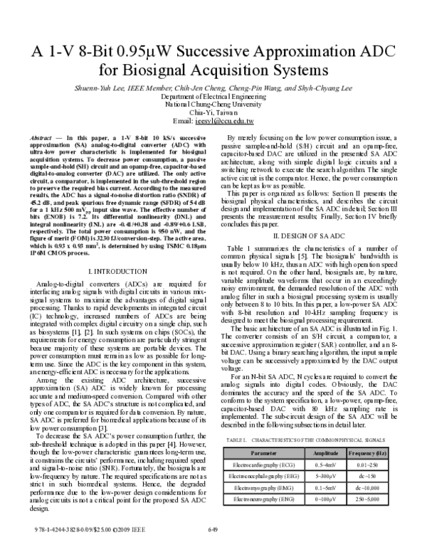A 1-V 8-bit 0.95mW successive approximation ADC for biosignal acquisition systems