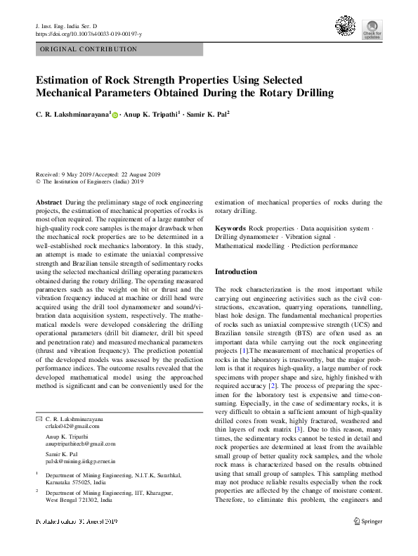 (PDF) Estimation of Rock Strength Properties Using Selected Mechanical ...