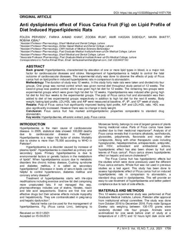 (PDF) Anti dyslipidemic effect of Ficus Carica Fruit (Fig) on Lipid ...