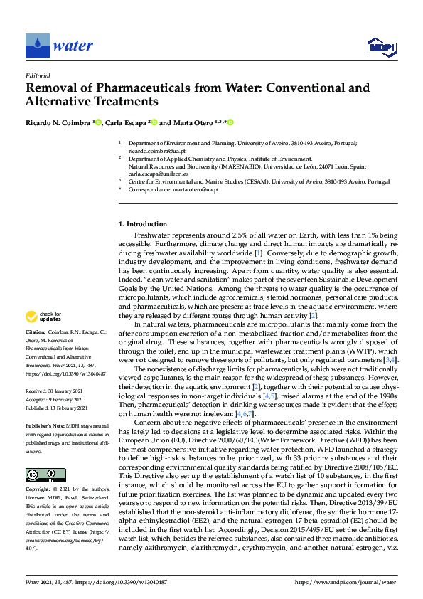 (PDF) Removal of Pharmaceuticals from Water: Conventional and ...
