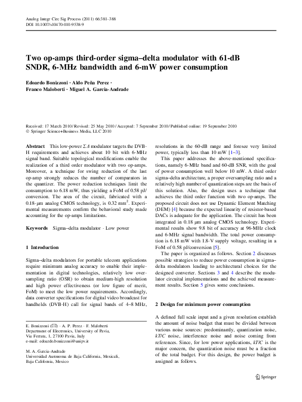 PDF) Two op-amps third-order sigma–delta modulator with 61-dB SNDR 