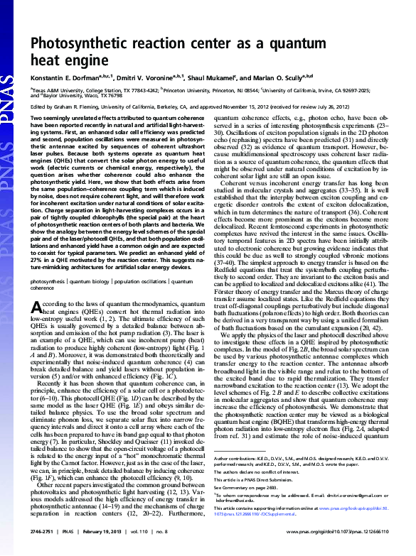 (PDF) Photosynthetic reaction center as a quantum heat engine