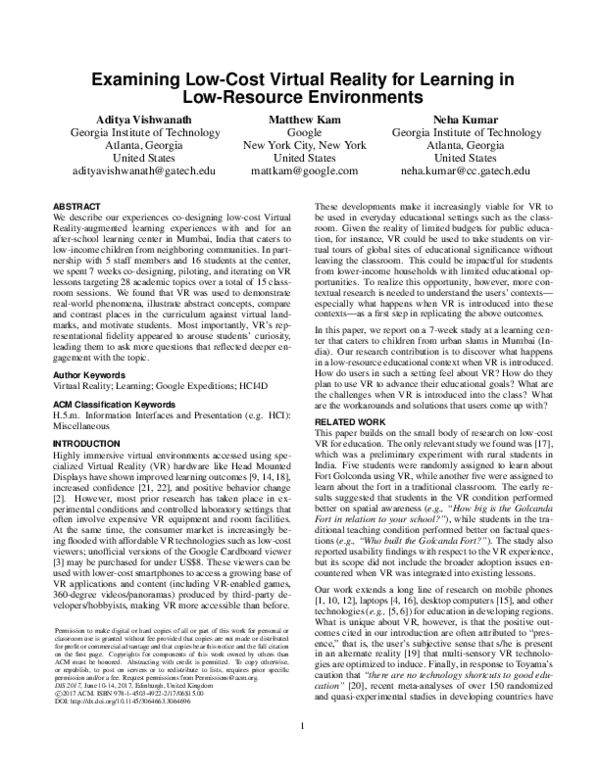 (PDF) Examining Low-Cost Virtual Reality for Learning in Low-Resource ...