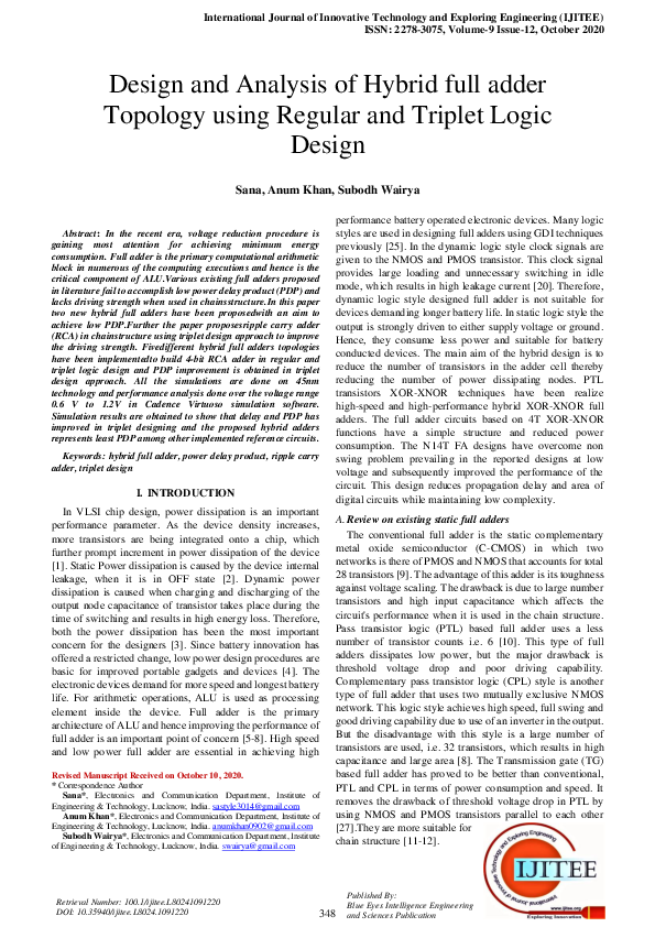 (PDF) Design and Analysis of Hybrid full adder Topology using Regular ...