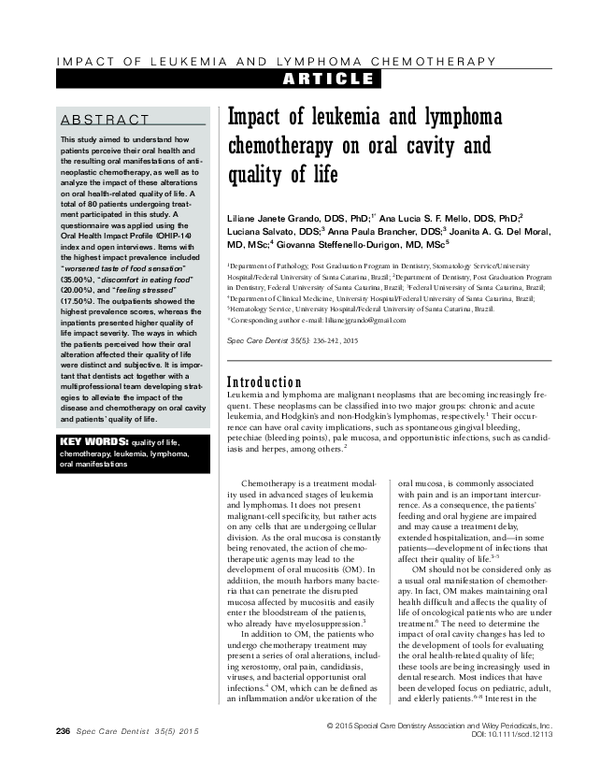 (PDF) Impact of leukemia and lymphoma chemotherapy on oral cavity and ...