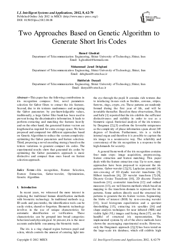 (PDF) Two Approaches Based on Genetic Algorithm to Generate Short Iris ...