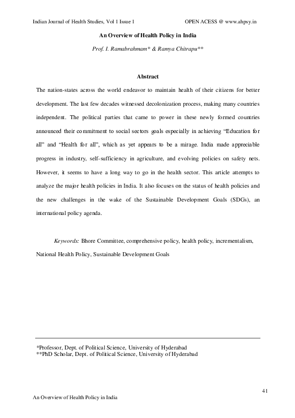 (PDF) An Overview of Health Policy in India