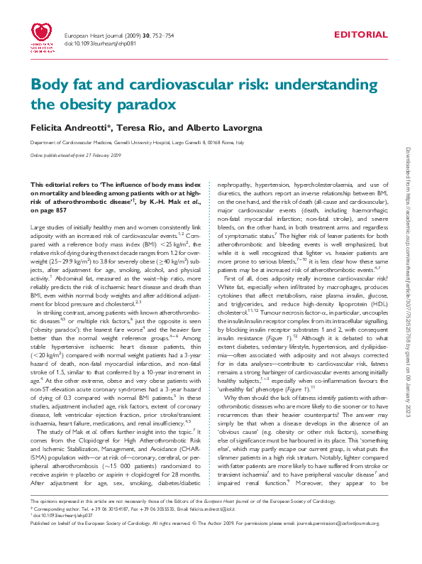 (PDF) Body fat and cardiovascular risk: understanding the obesity paradox