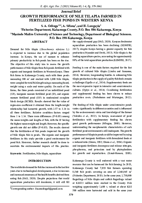 (PDF) GROWTH PERFORMANCE OF NILE TILAPIA FARMED IN FERTILIZED FISH ...