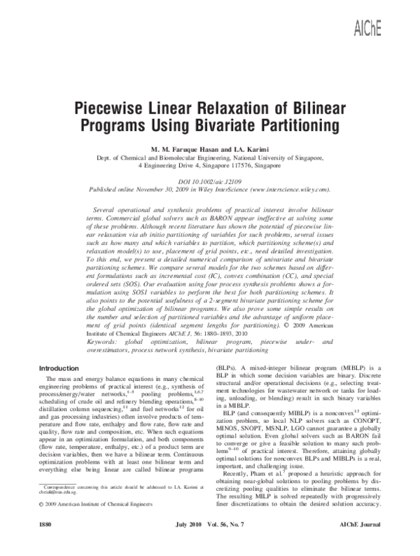 (PDF) Piecewise linear relaxation of bilinear programs using bivariate ...