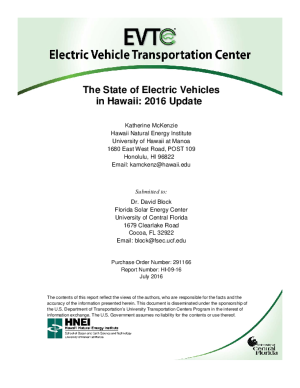 (PDF) The State of Electric Vehicles in Hawaii 2016 Update Katherine
