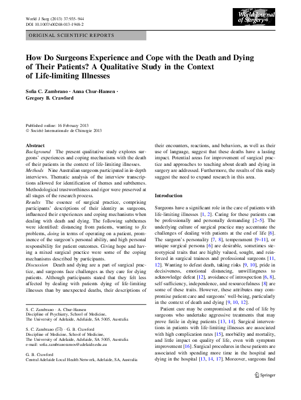 (PDF) How Do Surgeons Experience and Cope with the Death and Dying of ...