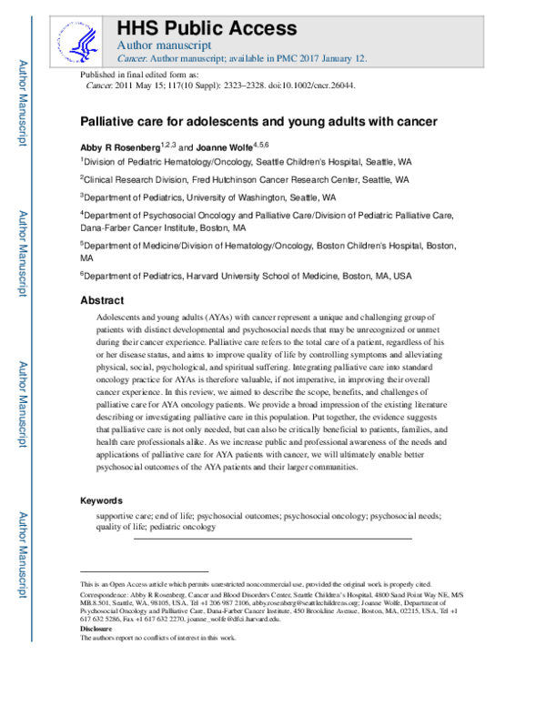 (PDF) Palliative care in adolescents and young adults with cancer