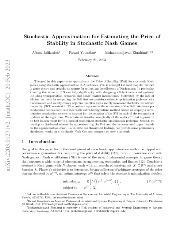 (PDF) Stochastic Approximation for Estimating the Price of Stability in ...