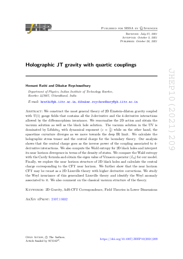 (PDF) Holographic JT gravity with quartic couplings | Hemant Rathi ...
