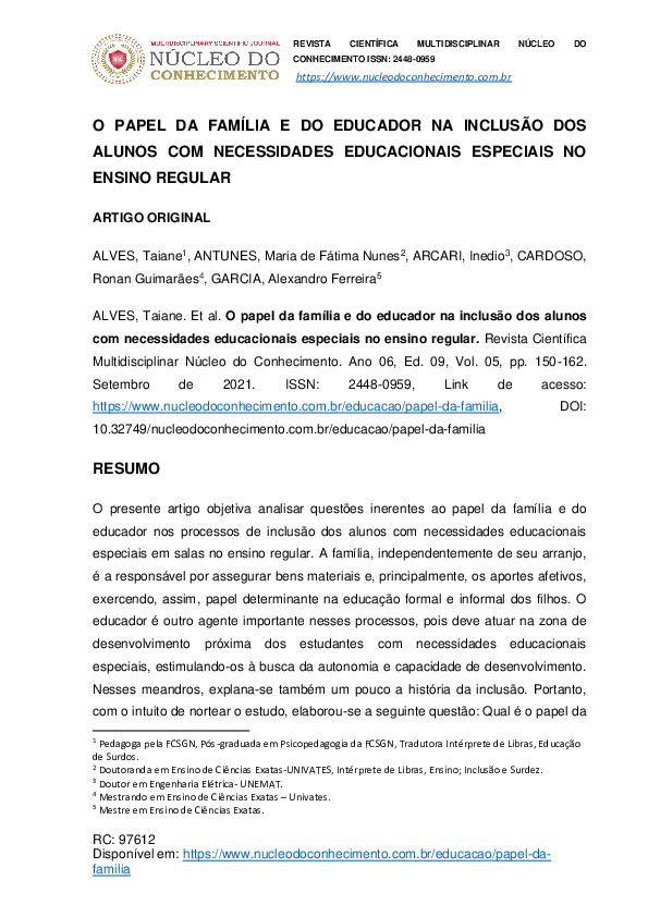 (PDF) O papel da família e do educador na inclusão dos alunos com ...