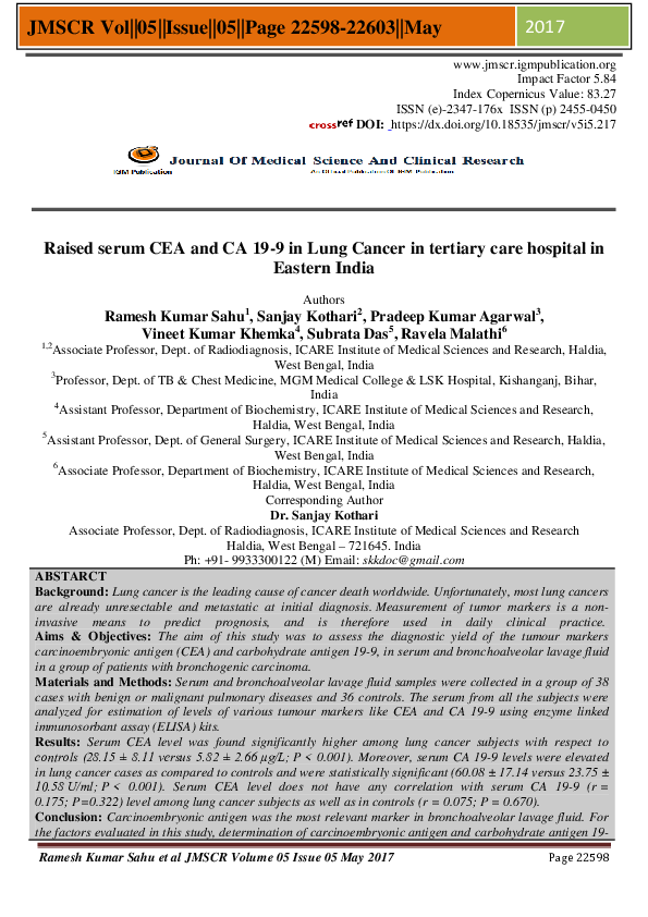 (PDF) Raised serum CEA and CA 19-9 in Lung Cancer in tertiary care ...