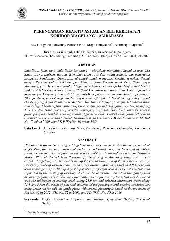 Pdf Perencanaan Reaktivasi Jalan Rel Kereta Api Koridor Magelang
