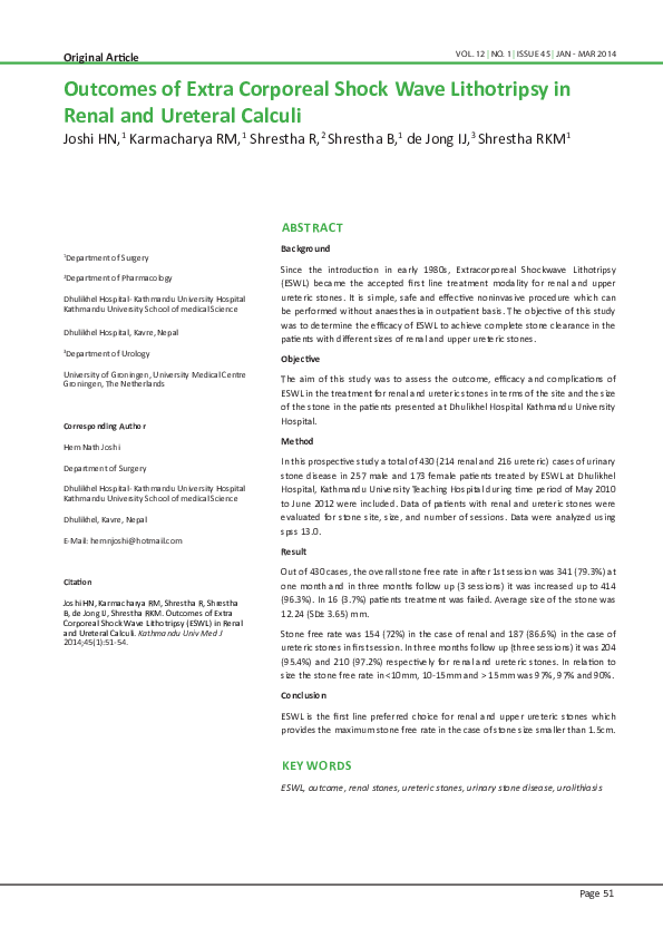 (PDF) Outcomes of Extra Corporeal Shock Wave Lithotripsy in Renal and ...