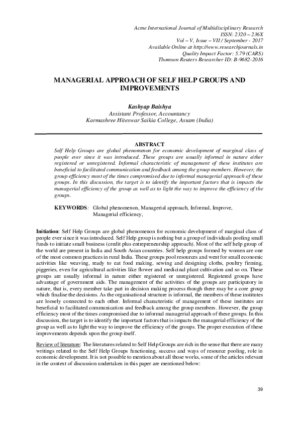 (PDF) Managerial Approach of Self Help Groups and Improvements