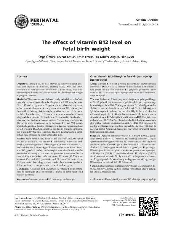 (PDF) The effect of vitamin B12 level on fetal birth weight