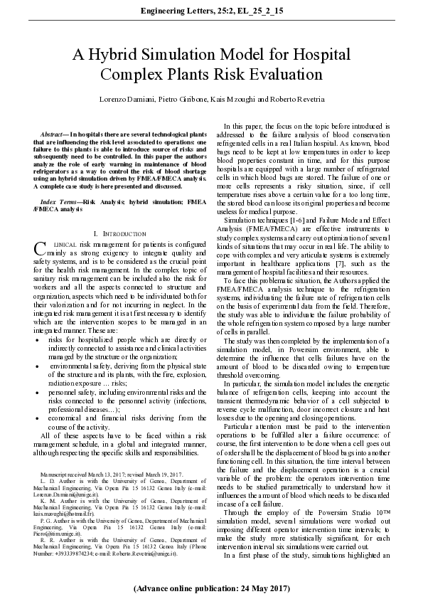 (PDF) A Hybrid Simulation Model for Hospital Complex Plants Risk Evaluation