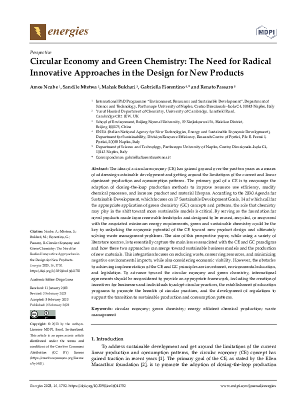 (PDF) Circular Economy and Green Chemistry: The Need for Radical ...