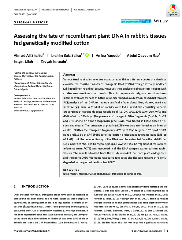 (PDF) Assessing the fate of recombinant plant DNA in rabbit’s tissues ...