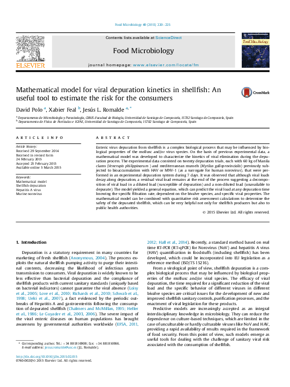 (PDF) Mathematical model for viral depuration kinetics in shellfish: An ...