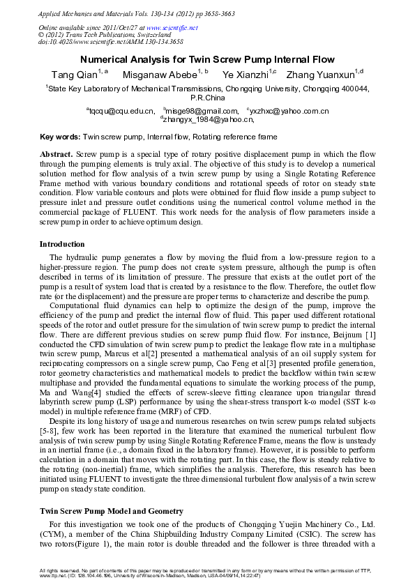 (PDF) Numerical Analysis for Twin Screw Pump Internal Flow