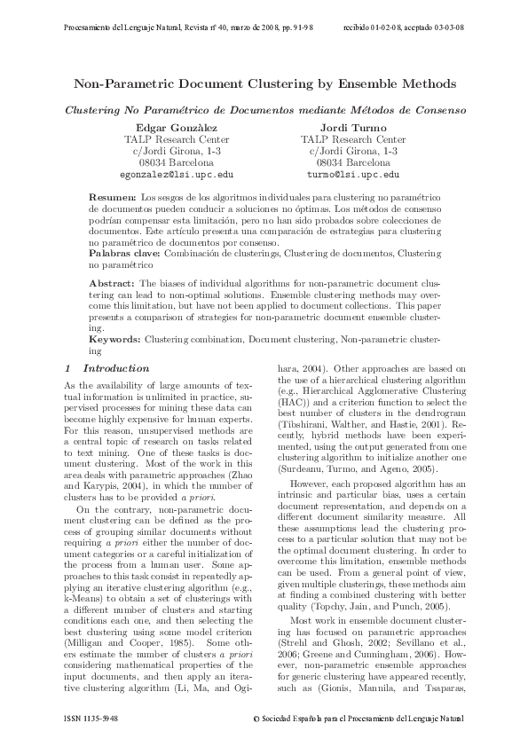 Non-parametric document clustering by ensemble methods