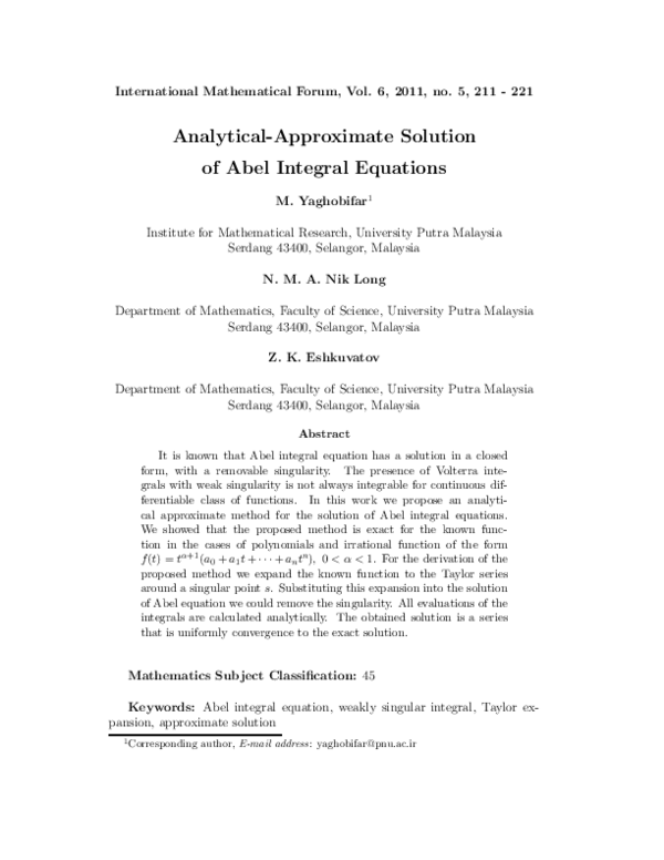 (PDF) Analytical-Approximate Solution of Abel Integral Equations