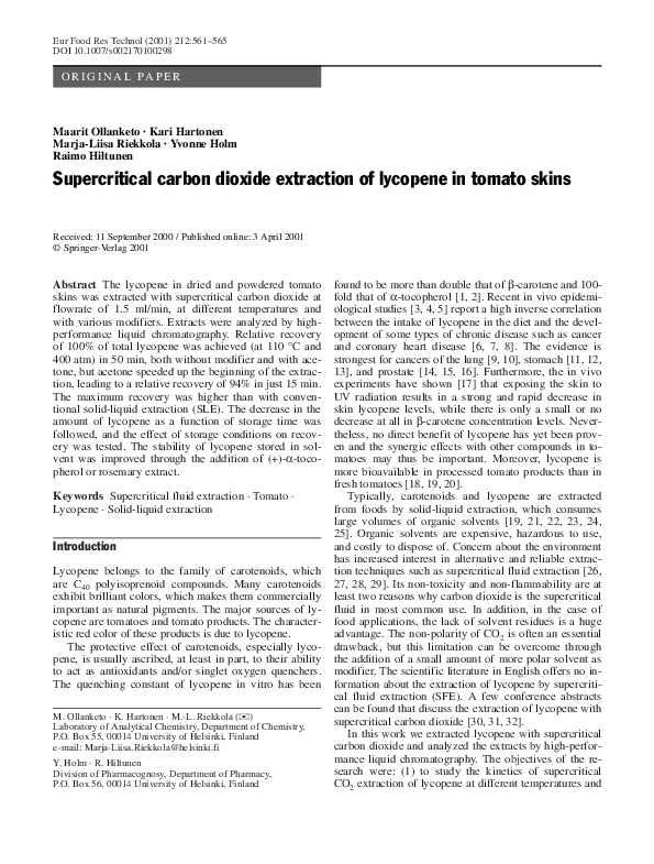 (PDF) Supercritical carbon dioxide extraction of lycopene in tomato skins