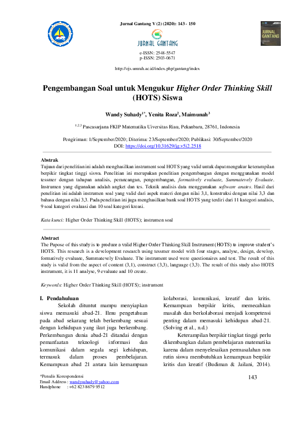 (PDF) Pengembangan Soal untuk Mengukur Higher Order Thinking Skill ...