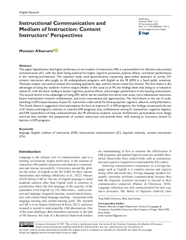 (PDF) Instructional Communication and Medium of Instruction: Content ...