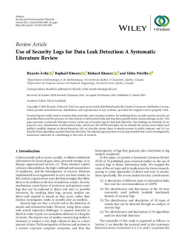 (PDF) Use of Security Logs for Data Leak Detection: A Systematic ...
