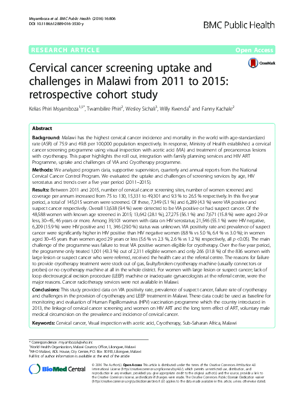 (PDF) Cervical cancer screening uptake and challenges in Malawi from ...