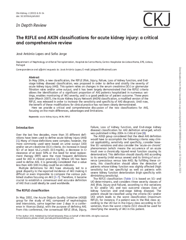 (PDF) The RIFLE and AKIN classifications for acute kidney injury: A ...