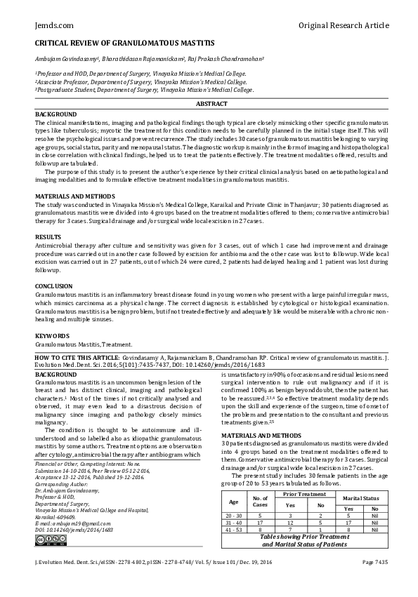 (PDF) Granulomatous Mastitis: Diagnosis and Treatment