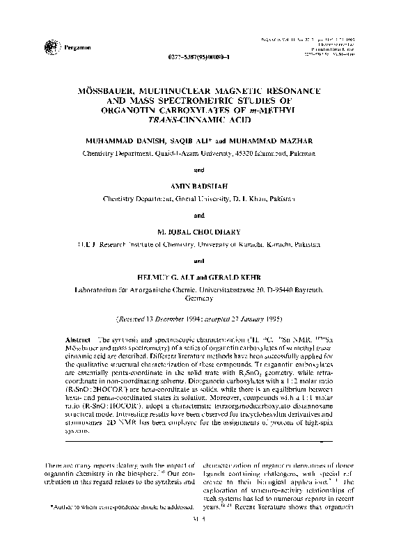 Mössbauer, multinuclear magnetic resonance and mass spectrometric studies of organotin carboxylates of m-methyltrans-cinnamic acid