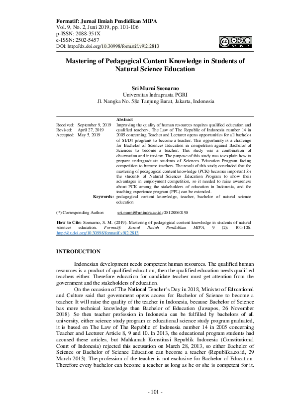 (PDF) Mastery of Pedagogical Content Knowledge for Students of Natural ...